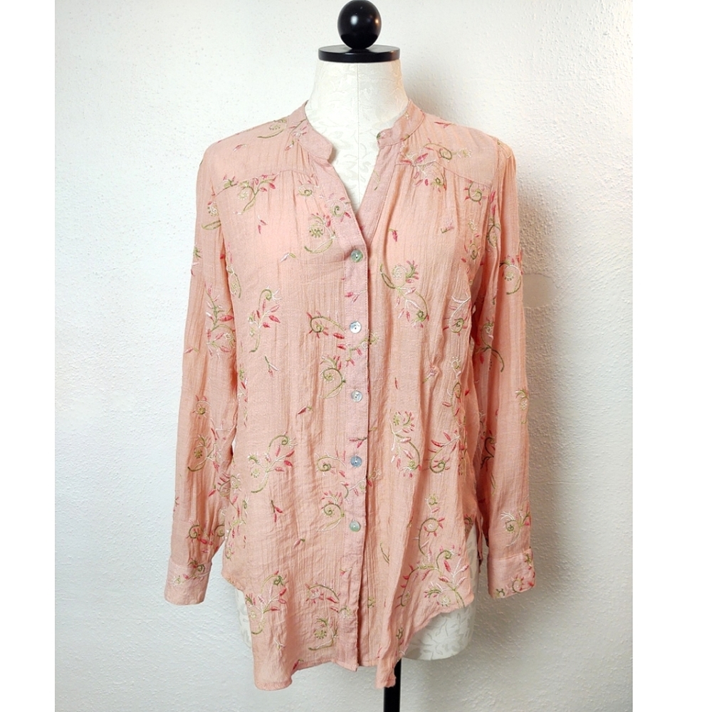 Anthropologie Fig and Flower Embroidered Tunic Blouse Roll Tab Button Front Pink - Picture 4 of 14